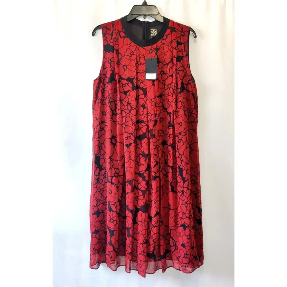 S.I.L.K Sleeveless Floral Dress 100% Silk Pleated Red & Black Sz‎ L Chiffon